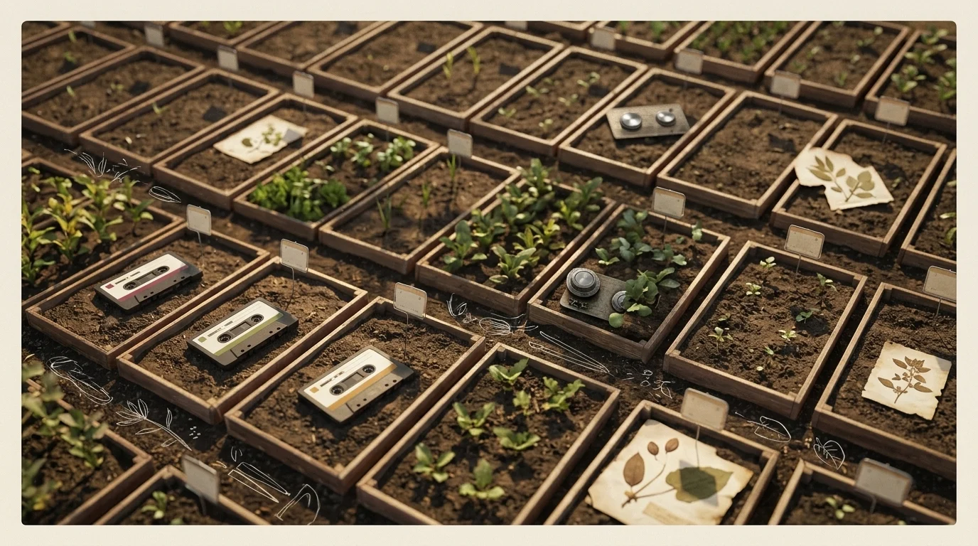 Three allotment plots seen from above in late light, each with a numbered tag
