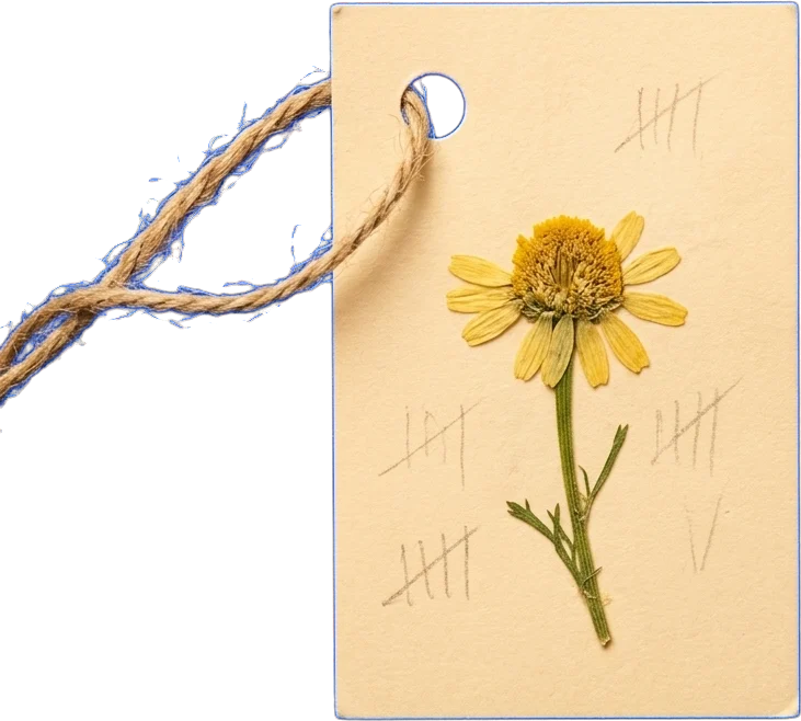 A pressed bloom taped to a numbered register tag
