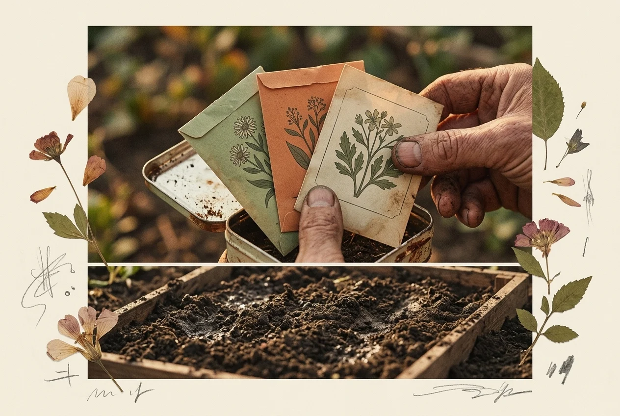 Three seed packets fanned from a dented tin above a freshly turned plot