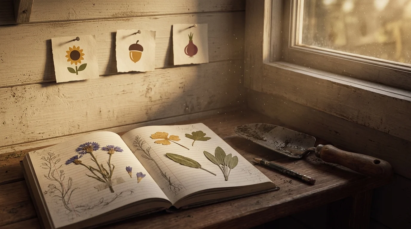 Potting-shed wall with three tags on nails above an open almanac, pencil and trowel